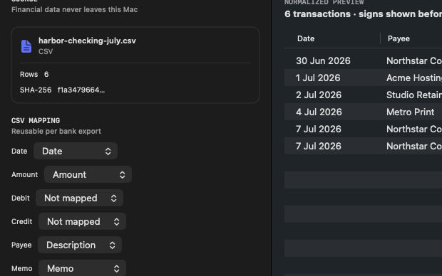 TxnProof bank CSV mapping controls
